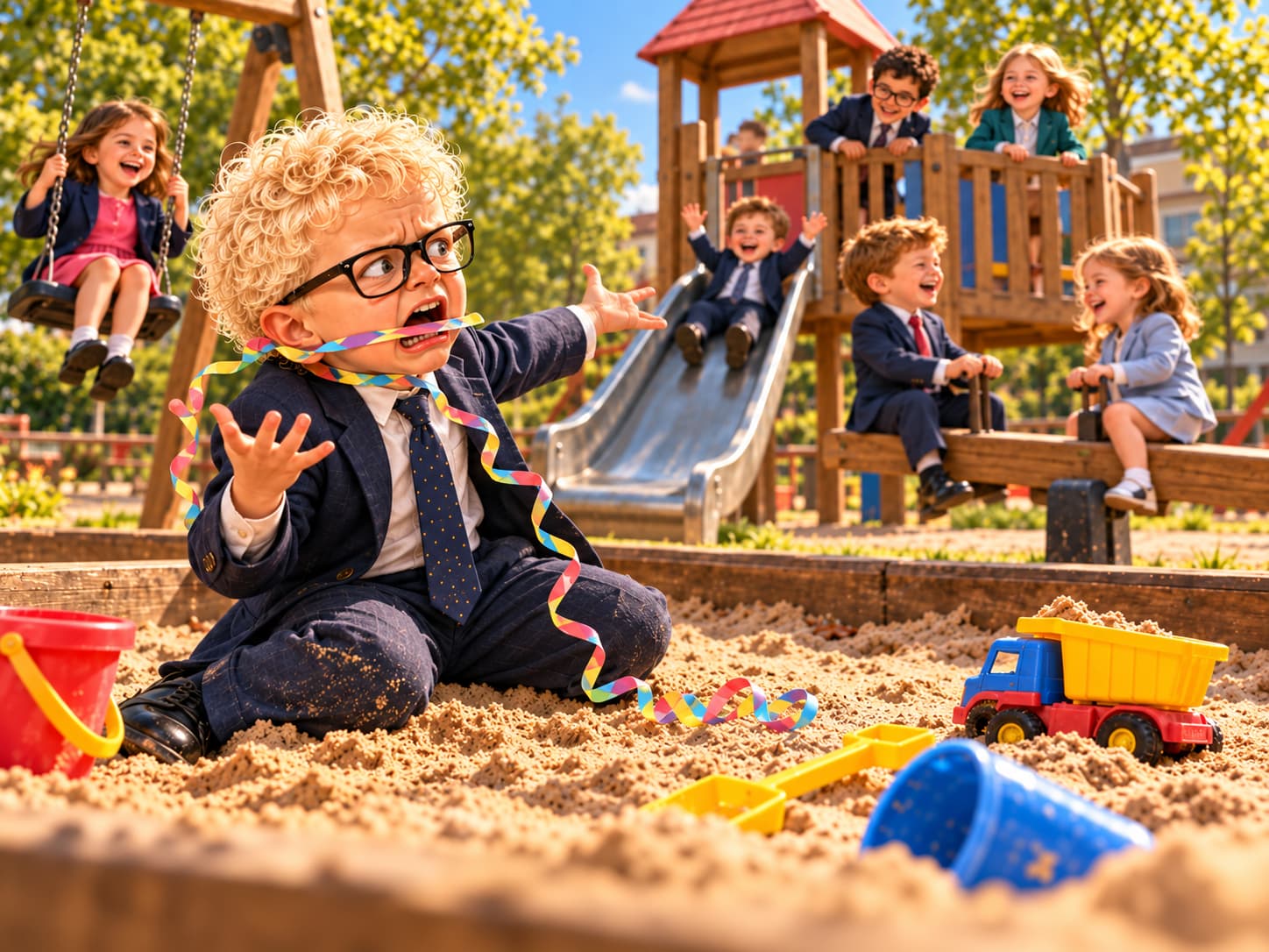 Satirische illustratie van een verontwaardigd kind in een pak met een kleurrijke slinger voor zijn mond, terwijl andere kinderen in de speeltuin spelen.